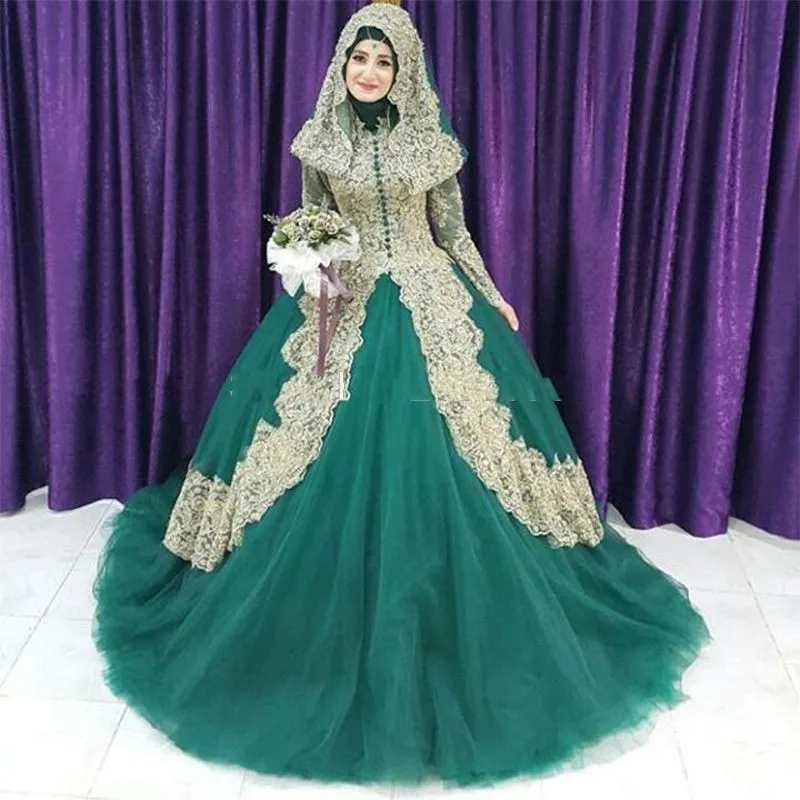 Arabic Green And Gold Muslim Ball Gown Wedding Dress High Collar Long Sleeve Sweep Trian With