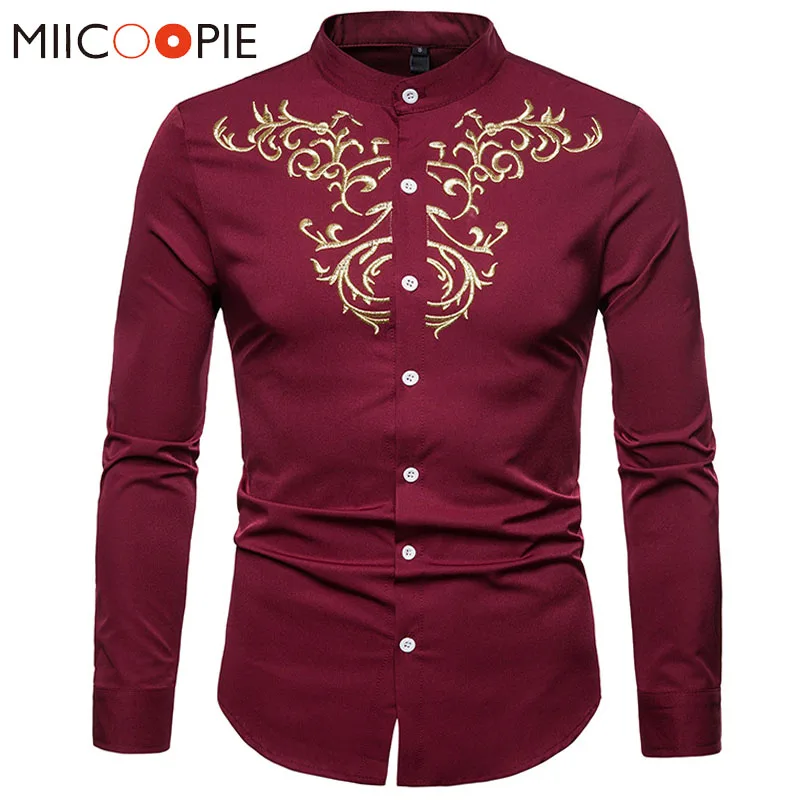 

Men Shirts Slim Solid Royal Court Embroidery Henry Collar Long Sleeve Shirt Men Business Social Dress Shirt Camisa Masculina XXL