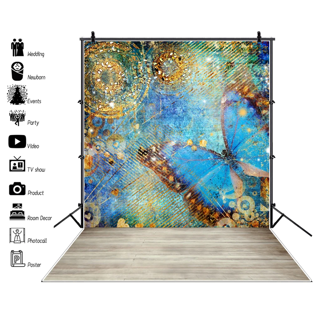 

Laeacco Graffiti Butterfly Colorful Pattern Wall Wooden Floor Child Portrait Photo Background Photography Backdrops Photo Studio