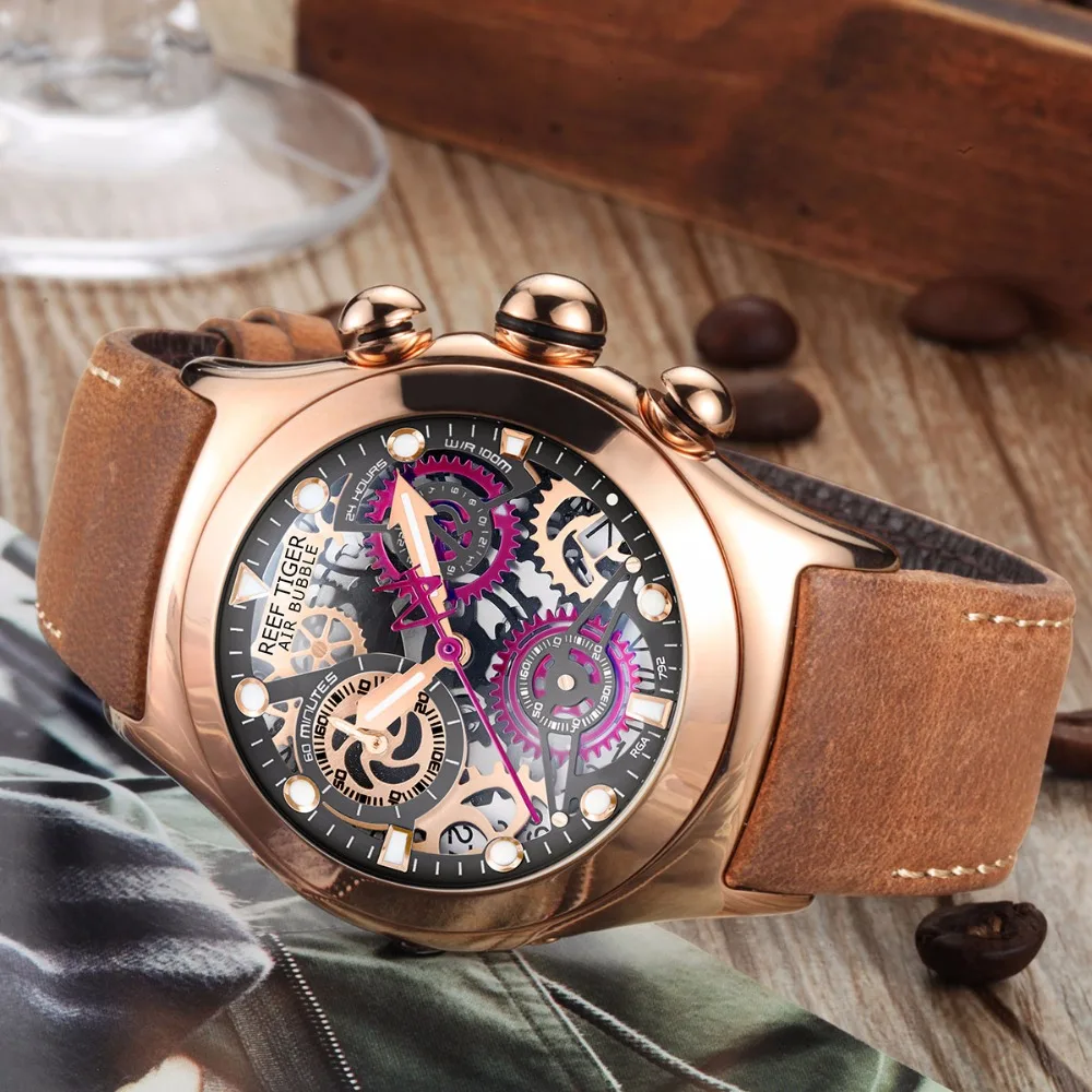 Риф Тигр/RT мужские спортивные часы розовое золото светящиеся кварцевые часы Скелет часы из натуральной кожи ремешок RGA792