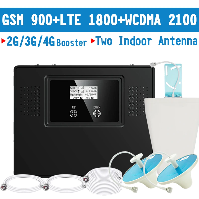 Walokcon 2G 3G 4G Big Power Signal Booster GSM Repeater 900 DCS / LTE 1800 WCDMA2100 Signal Amplifier 60dB Gain LCD Display Kit