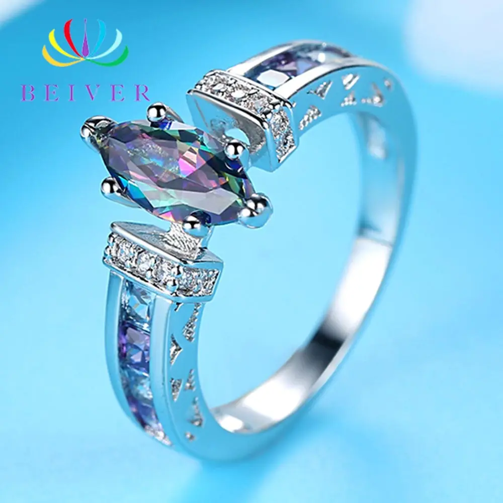 Beiver New Arrival White Gold Color Rainbow Oval Zircon Promise Wedding Bands Rings for Women Party Jewelry Ladies Gifts