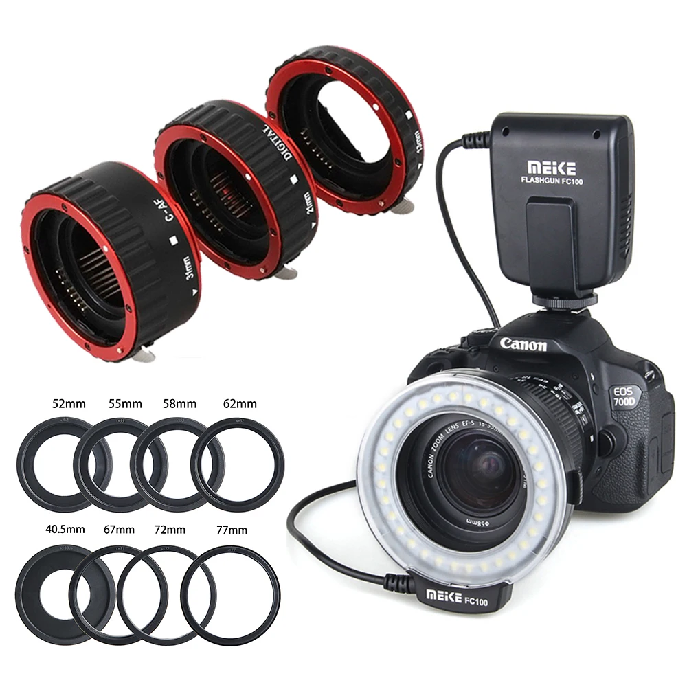 Meike FC-100 FC100 Macro Ring Flash& Auto Focus Tube Ring for Canon EOS 650D 700D 70D 7D II 60D T4i T3i 6D Nikon FUJI Flashes