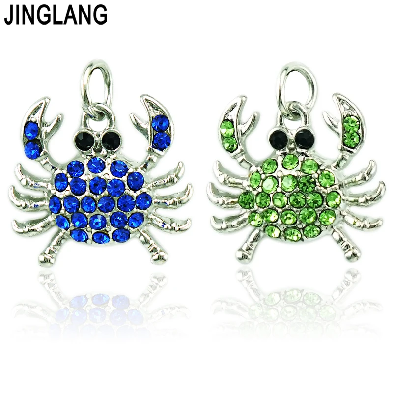 JINGLANG Wholesale Charms 2 Color Rhinestone Crab Animals Pendants DIY