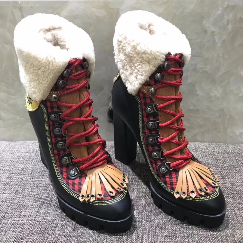 

2018 Hot Autumn Winter Leather Boots Shoes Woman High Square Heels Lace Up Wool Shearling Short Boots Designer Mujer Boots Tide