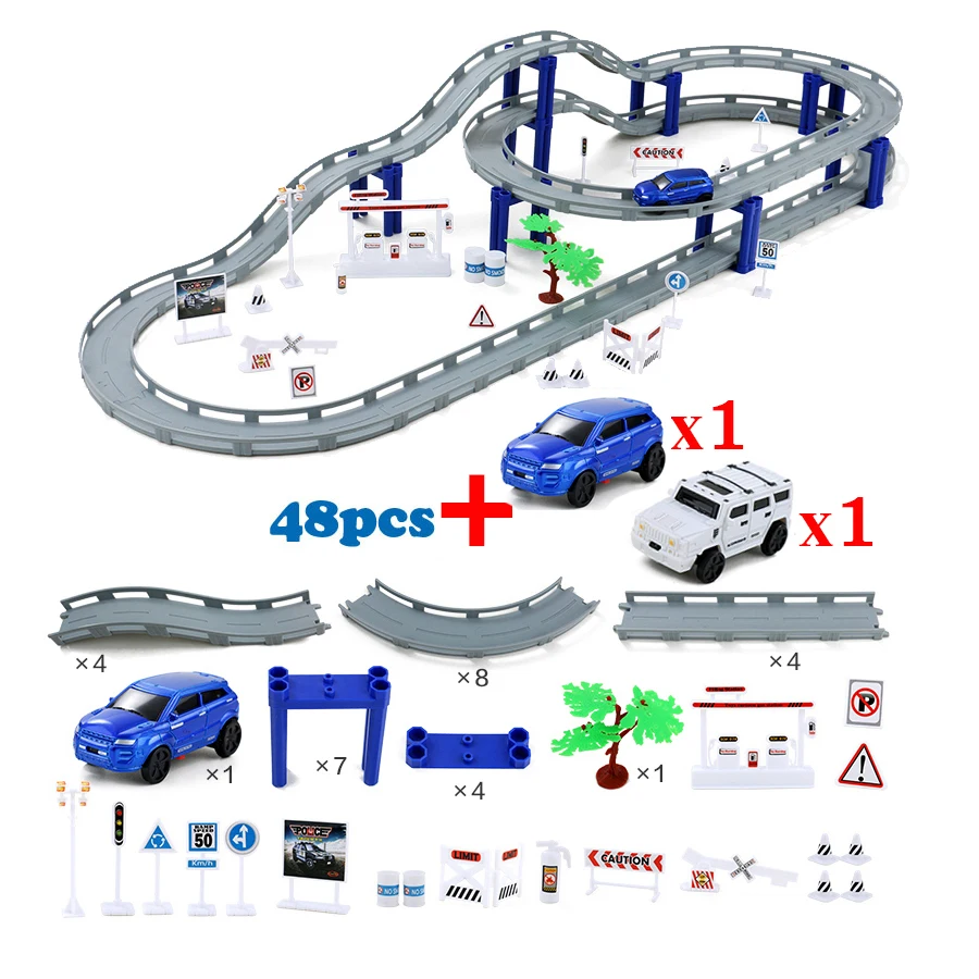 DIY multi-track Rail автомобильный Строительный блок Набор железнодорожных поездов, спиральный трек горки электрические автомобильные развивающие сборочные игрушки - Цвет: 48 pcs with 3 cars