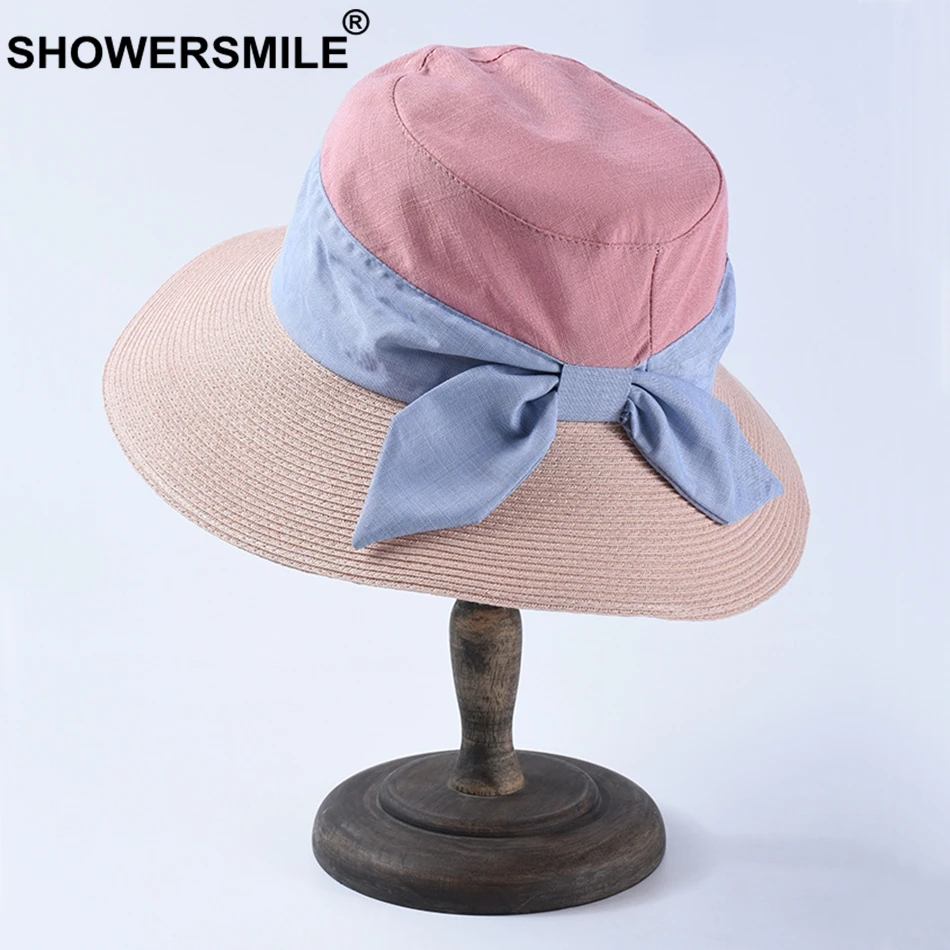 SHOWERSMILE, складная соломенная шляпа для женщин,, верблюжья шляпа от солнца, Женская Лоскутная хлопковая модная весенняя женская летняя шляпа с бантом