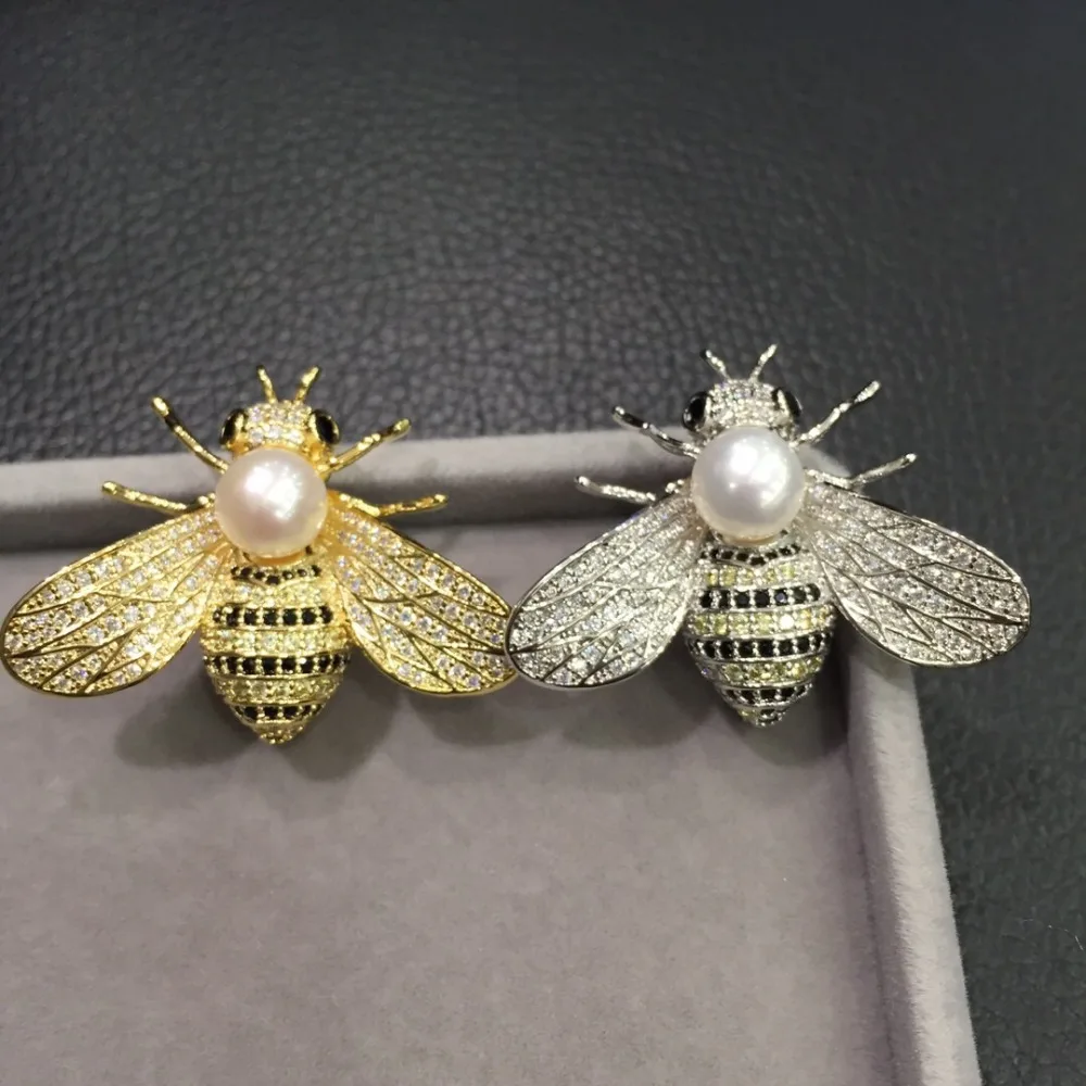 wholesale 7 8MM natural fresh water pearl brooch pins copper with cubic