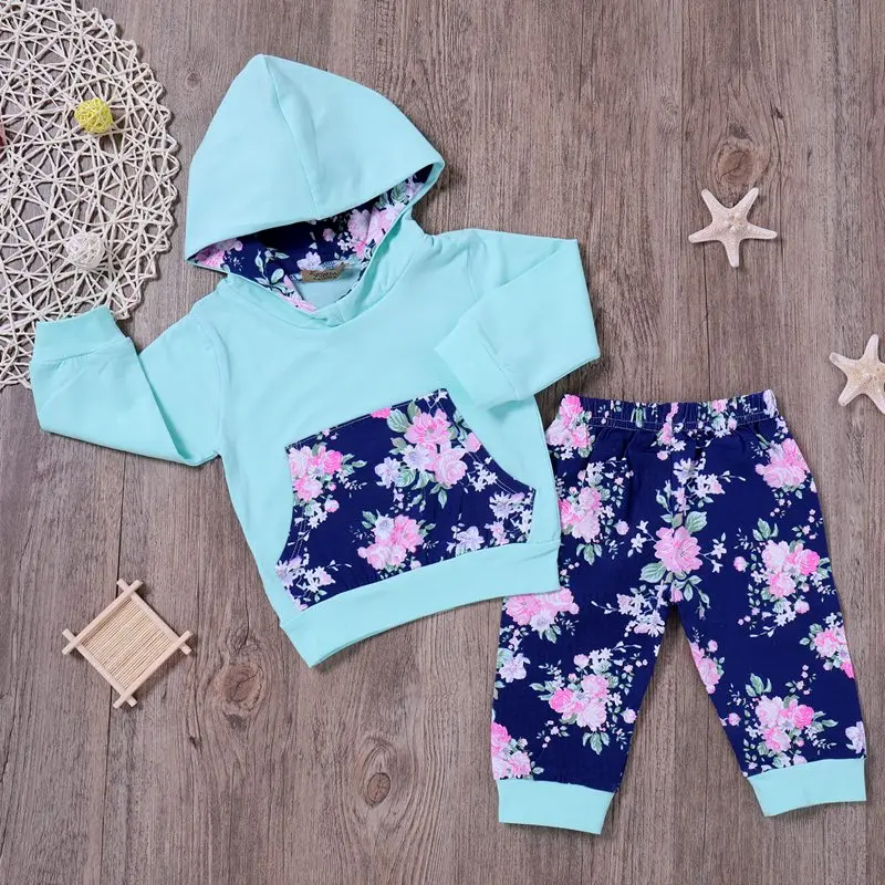 Новая модная осенне-весенняя одежда для маленьких детей толстовки с капюшоном для девочек, топы с капюшоном для новорожденных+ штаны с цветочным принтом, комплекты одежды из 2 предметов
