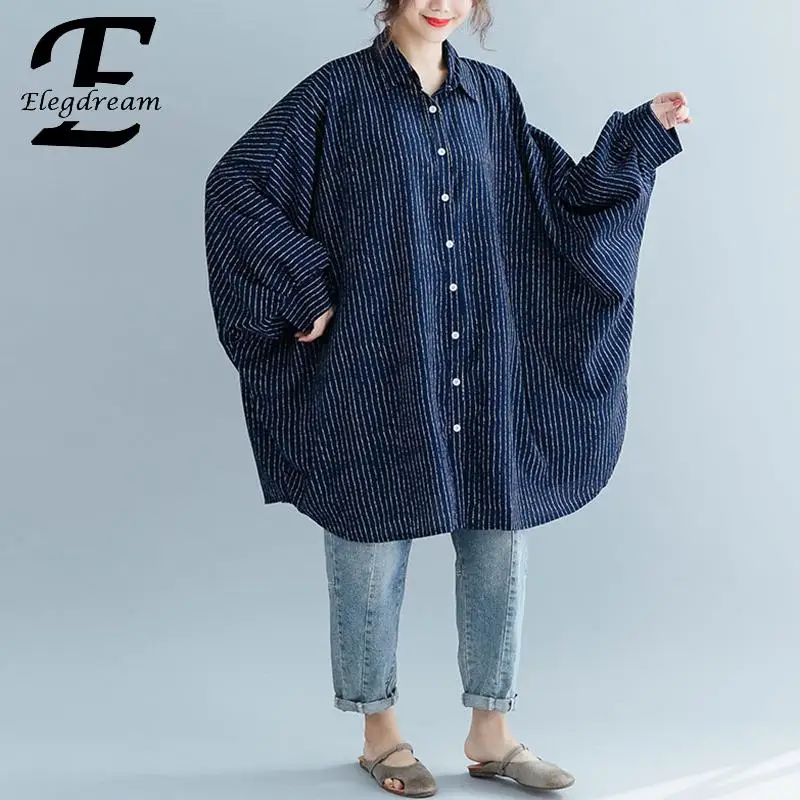 

Elegdream Oversized Women Apparel Plus Size Ladies Spring Fashion Striped Shirt Blouse Long Sleeve Large Size Tops Female Blusas
