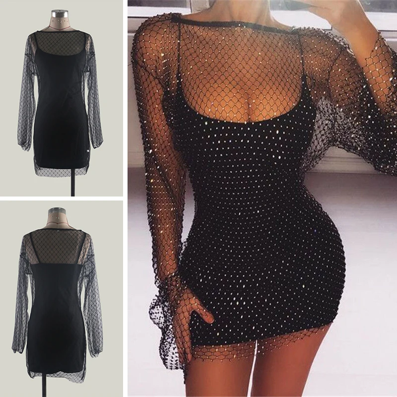 

Slim Bodycon Hollow Strappy Cover up Fishnet Short Party Evening Clubwear Women's Ladies 2 pcs/set Long sleeve