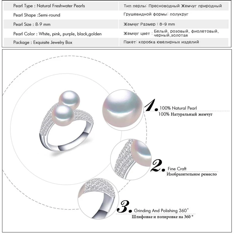 FENASY, 925 пробы, серебряные кольца с двойным жемчугом для женщин, жемчужное модное ювелирное изделие, любовь, роскошный кубический цирконий, обещающее регулируемое кольцо