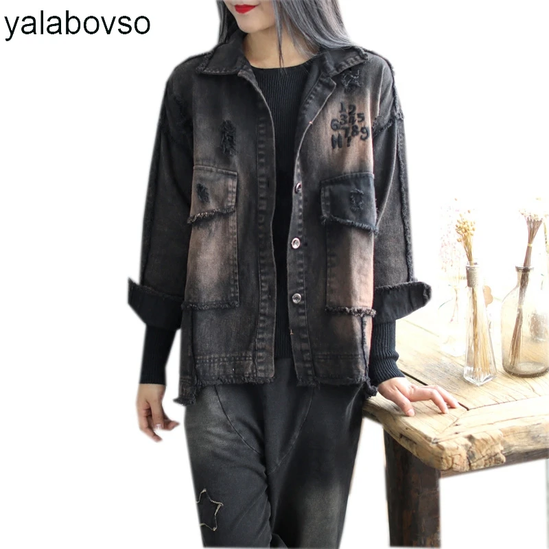 

Yalabovso 2017 Newest Autumn Emboidery Punk Styles Woman's Denim Jacket Patchwork Loose Hole Vintage Loose Coat A74-515665 z20