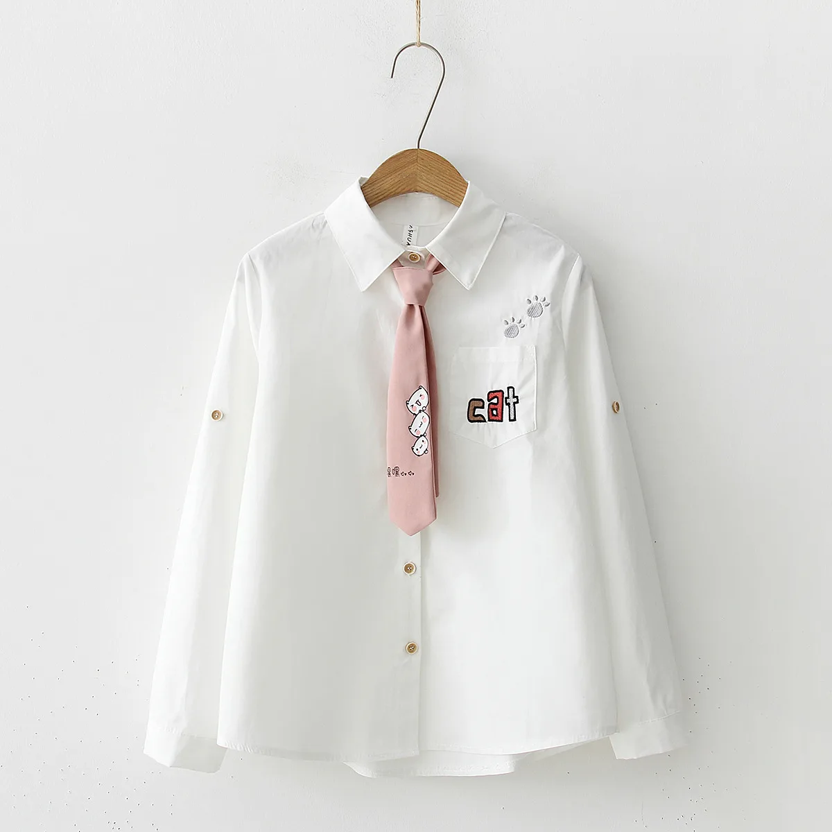 

2019 Autumn New Women Long Sleeve Lovely Cats Embroidery Cotton Blouse Shirts Sweet Necktie Solid White Casual Shirts Top