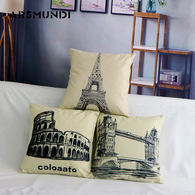 

Modern Simple Linen Cushion Cover World Famous Building Cotton Pillowcase Waist Throw Pillow Sofa Chair Seat Cushion Cover