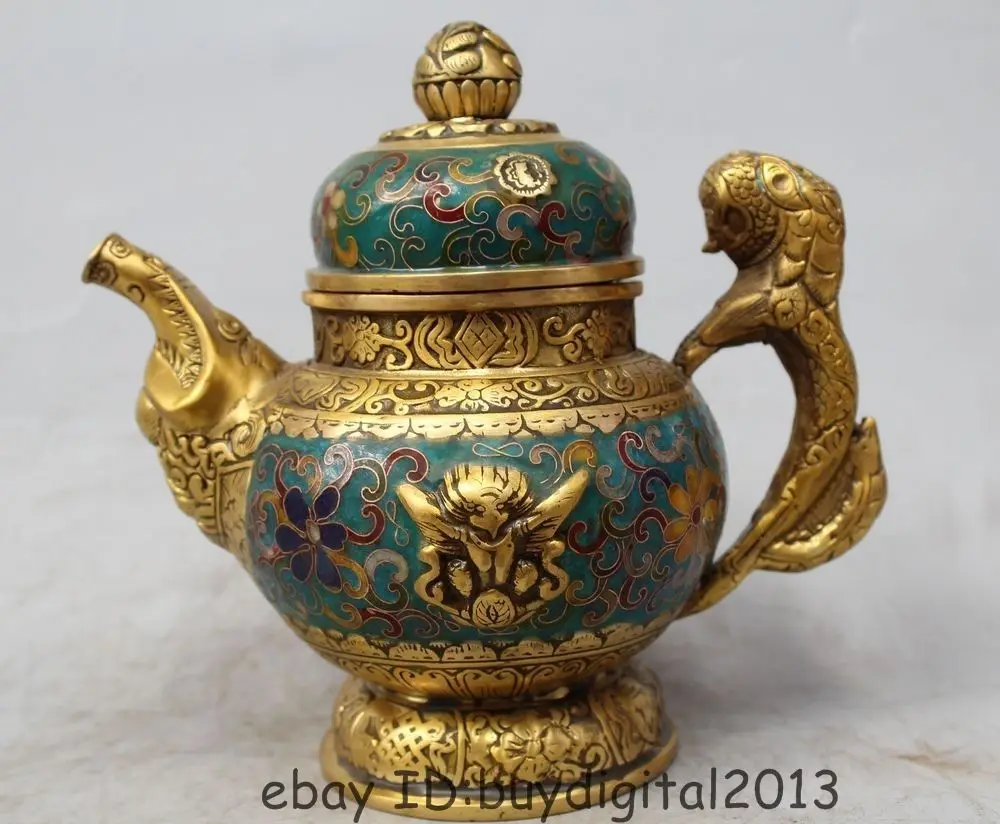 

8" China Tibet Cloisonne Bronze 8 Auspicious Symbol Dragon Wine Tea Pot Flagon DSD66