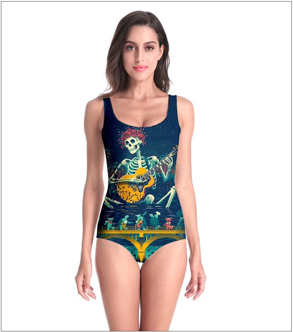 

Triangle bikini one-piece swimsuit female sexy bathing suit 3D Print Greatful Death bodysuit Top Tees women's Modal