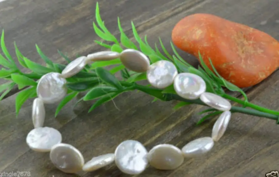 

Free Shipping >> new hot PEARL 12-13mm Coin Disc Freshwater Pearl Stretch Bracelet 7.5''