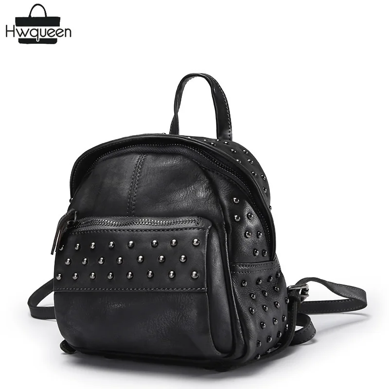 

Vintage Genuine Cow Leather Ladies Small Studs Designer Backpack Natural Cowhide Women's Rivets Backpack Girls Mini Back Pack