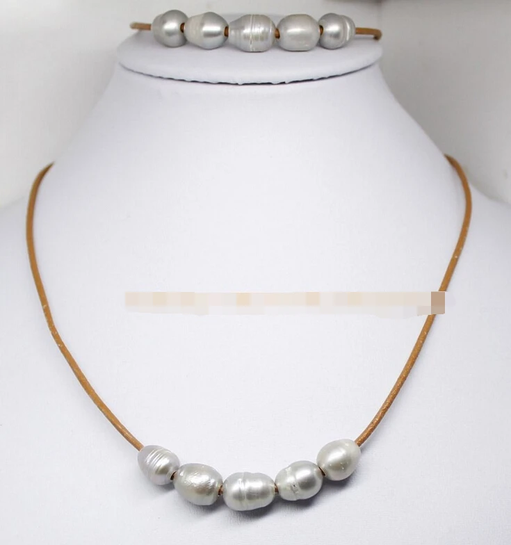 

Hot selling> shitou 00557 set real gray pearl stone handmade brown leather bracelet pendant necklace 18" -Bride jewelry free shi