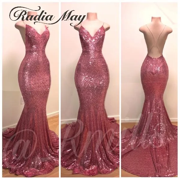 

Sexy V-Neck Open Back Rose Pink Sequin Prom Dresses with Straps Criss Cross Long Black Girls Graduation Party Gowns Gala Dress