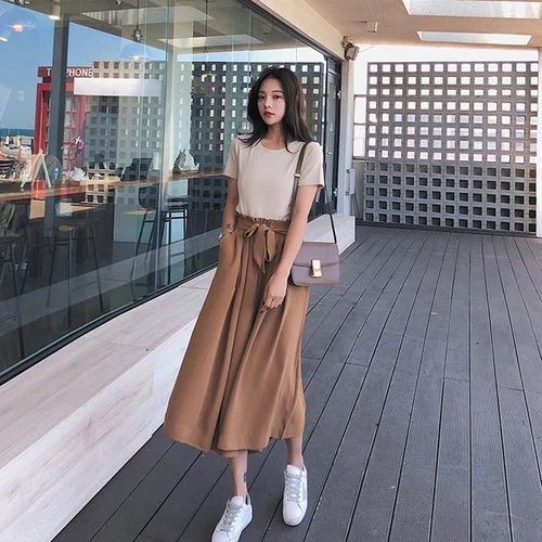 

Broad Legged Elastic Waist Mid-calf Skirts Bow Pullover Short Sleeves Tops Casual 2 Piece Set Women Fashion Women Sets Clothes