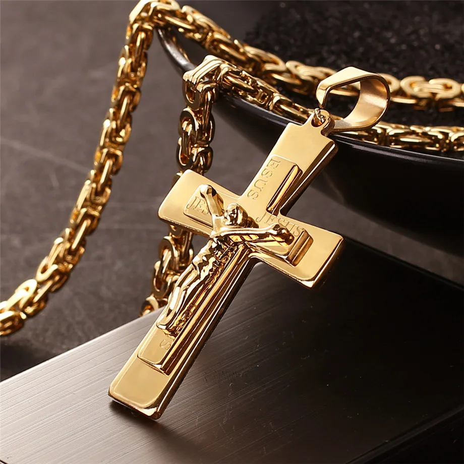 Large Gold+Silver Cross Pendent Stainless Steel Cross Pendant Mens Necklace 63g 