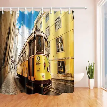 

Cityscape Shower Curtain Yellow Tram on Romantic Typical Street of Lisbon Polyester Fabric Waterproof Bath Curtain