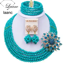 Laanc ручной работы Aqua синий кристалл бисерное ожерелье нигерийские Свадебные африканские бусы Набор украшений для женщин 5DS001