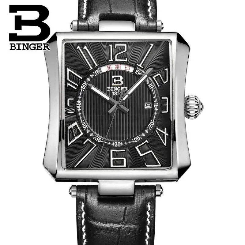 Швейцарские Бингер мужские часы люксовый бренд Tonneau кварцевые часы водонепроницаемые с кожаным ремешком Мужские наручные часы B3038-2