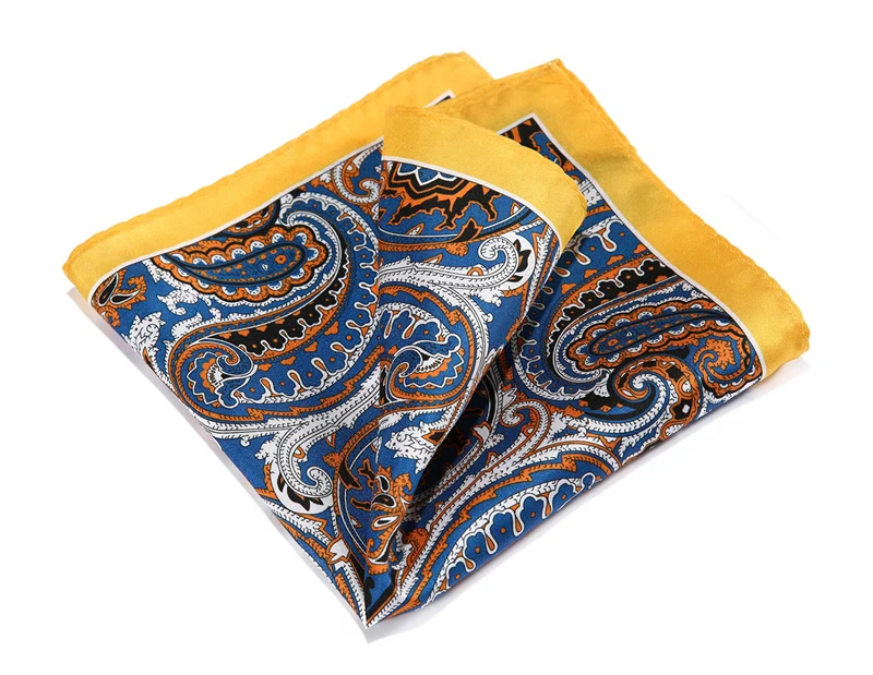 HN32Y Yellow Blue Orange HISDERN Handkerchief 100 Natural Silk Satin Mens Hanky Fashion Classic