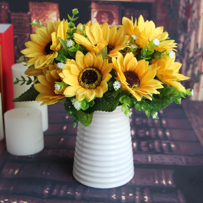 

Crafts Artificial Flower Sunflower Babysbreath Bouquet Silk Flower Wedding