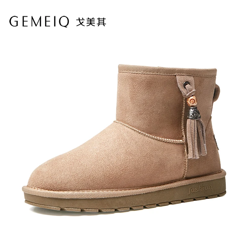 GEMEIQ/ г. Новые теплые зимние ботинки на меху женские нескользящие ботинки на плоской подошве в Корейском стиле с бахромой
