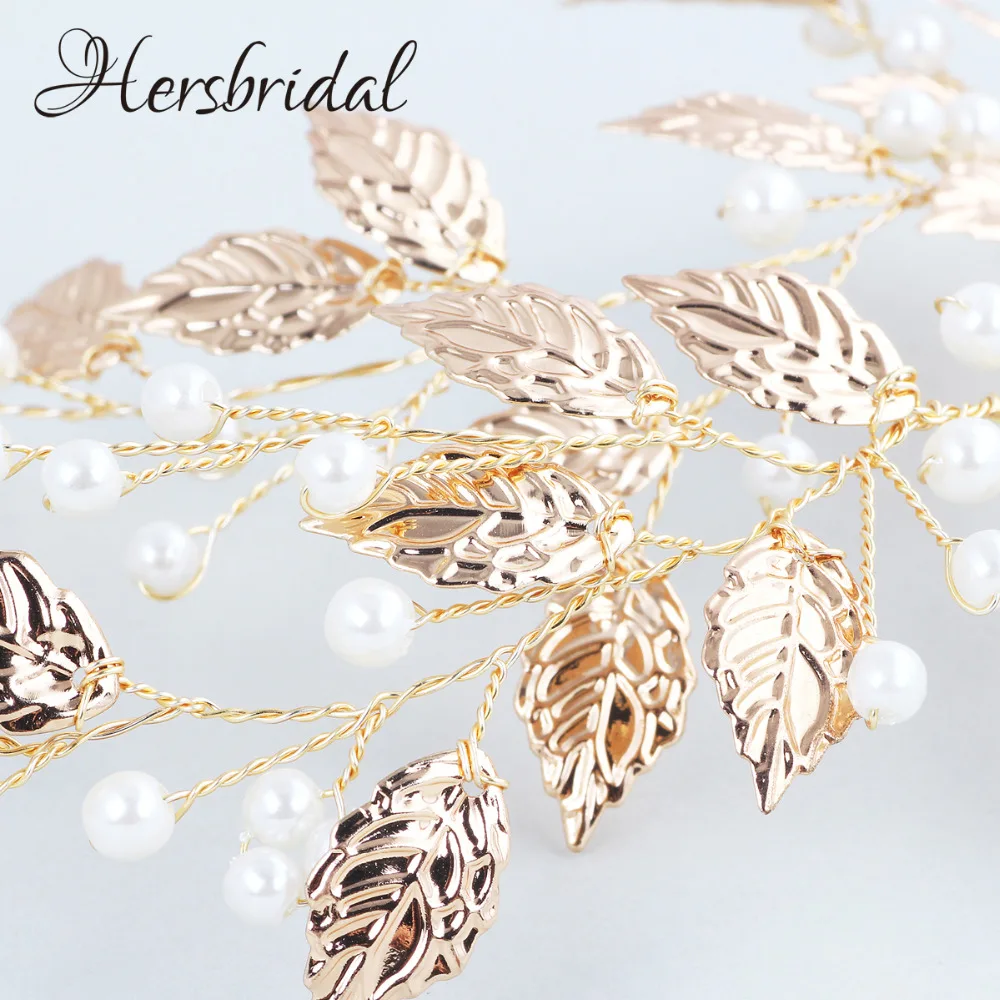 Antique Gold Leaf Bridal Headpiece Handmade Wedding Wreath Pearls Hair Adornments For Brides 2018  (1)