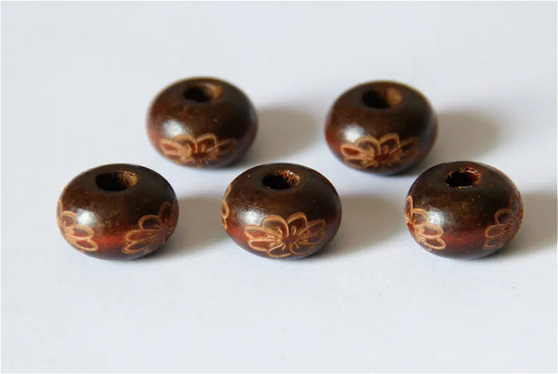 100pcs Oval Floral Printed Wood Spacer Beads for Bracelet DIY Making Beading