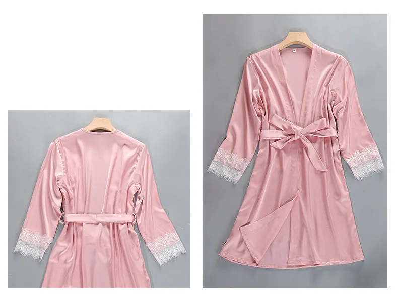 Queenral 3PCS Pajama Sets Women's Sleep Lounge Sleepwear Spring Sexy V-neck Nightwear Satin Silk Long Sleeve Home Wear Female   1
