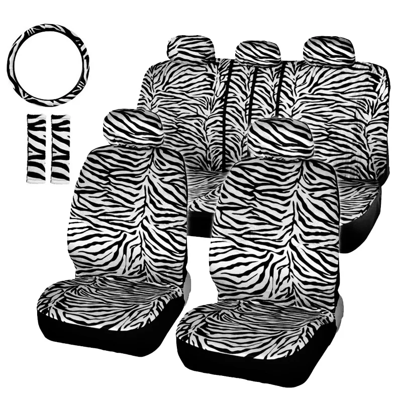 SUV Zebra Car Seat Covers Full Set Front & Rear Complete with 2 Seat Belt Pads & Universal 15 Inch Steering Wheel Cover Fit Cars ZEBRA Trucks or Van for Women 