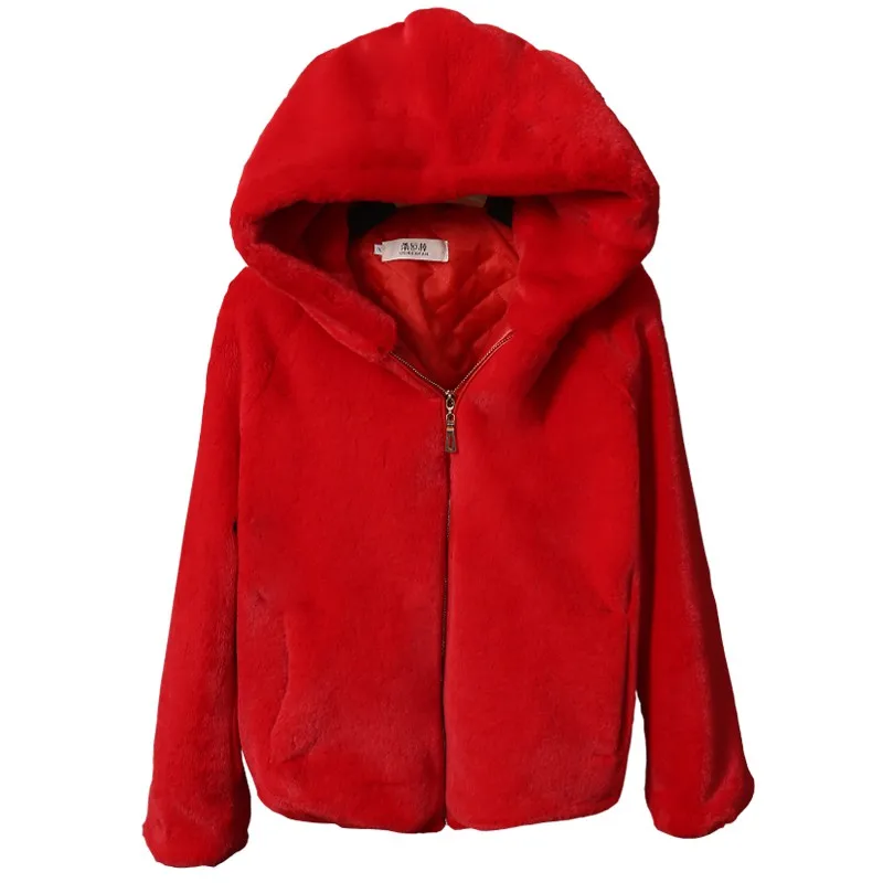 Новое пальто из искусственного меха с капюшоном, высокая талия, Модная приталенная черная, красная, розовая куртка из искусственного меха, искусственный мех кролика - Цвет: Красный