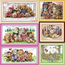 

Happy Bear family the teddy bear DMC Frabric DIY handwork Embroidery Chinese Cross Stitch Kits Cross-stitch set Needlework