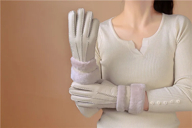 Лидер продаж зима Для женщин перчатки из натуральной овечьей кожи шерсть меховые перчатки элегантные однотонные теплые женские перчатки