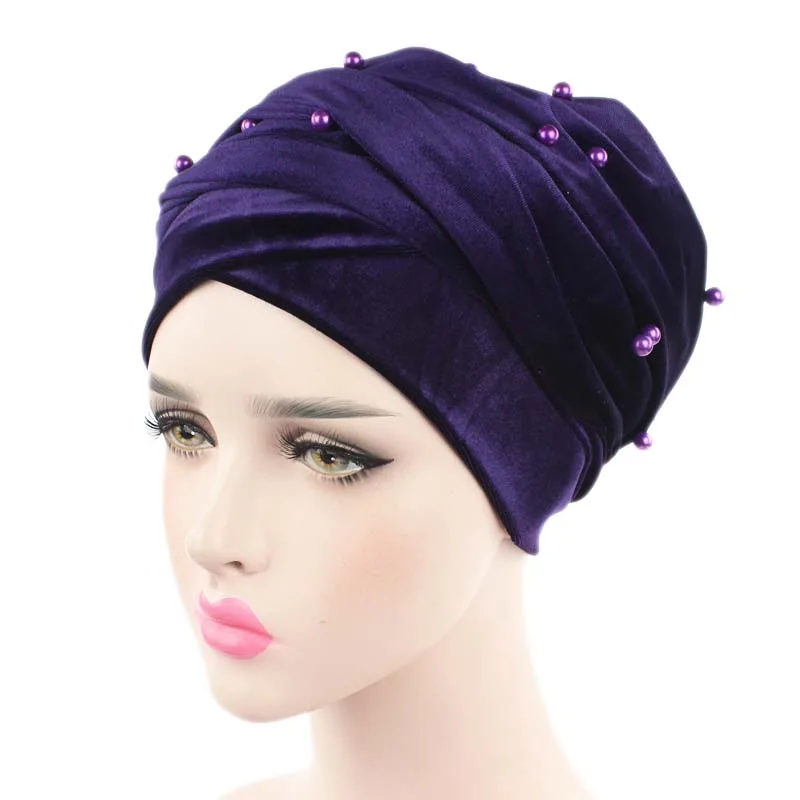 Новая роскошная женская бархатная головная повязка в виде чалмы, украшенная бусинами, с жемчужинами, удлиненная бархатная тюрбан хиджаб платок на голову - Цвет: Dark purple