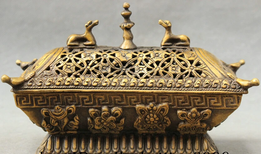 

JP S0608 Tibet Bronze Buddhism 8 Auspicious Symbol Statue Vajra Box Incense Burner Censer B0403