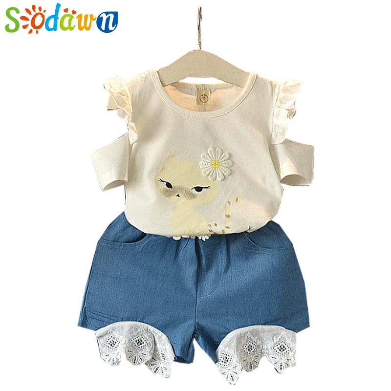 

Sodawn Girls Clothes Fashion Set 2018 Summer New Children Clothing Strapless Short Sleeve+Shorts Flower Patch 2Pcs Kids Suit