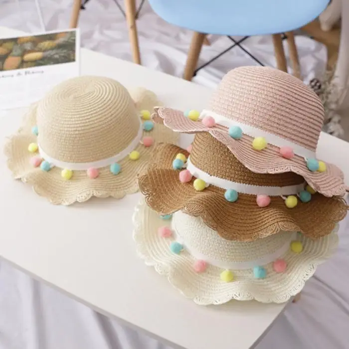 Lovely Hat Bag Set Wavy Straw Hats Colored Balls Cap Single Shoulder Bag for 2-8 years old girls Spring Summer Beach ZJ55