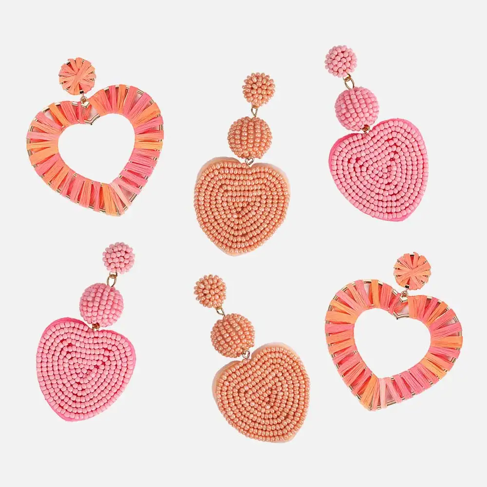 

Dvacaman Romantic Pink Heart Drop Earrings Women Raffia Beads Handmade Dangle Earrings Big Hanging Earrings Girls Korean Jewelry