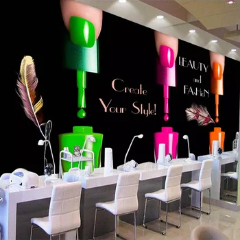 

Custom Wall Mural Fashion 3D Feather Nail Polish Watercolor Graffiti Art Wall Painting Black Backdrop Beauty Nail Shop Wallpaper