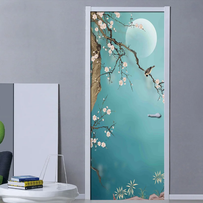 ПВХ водонепроницаемые самоклеющиеся 3D наклейки на дверь гостиная спальня домашний декор для дверей ручная роспись Слива птица Фреска двери обои - Цвет: Многоцветный
