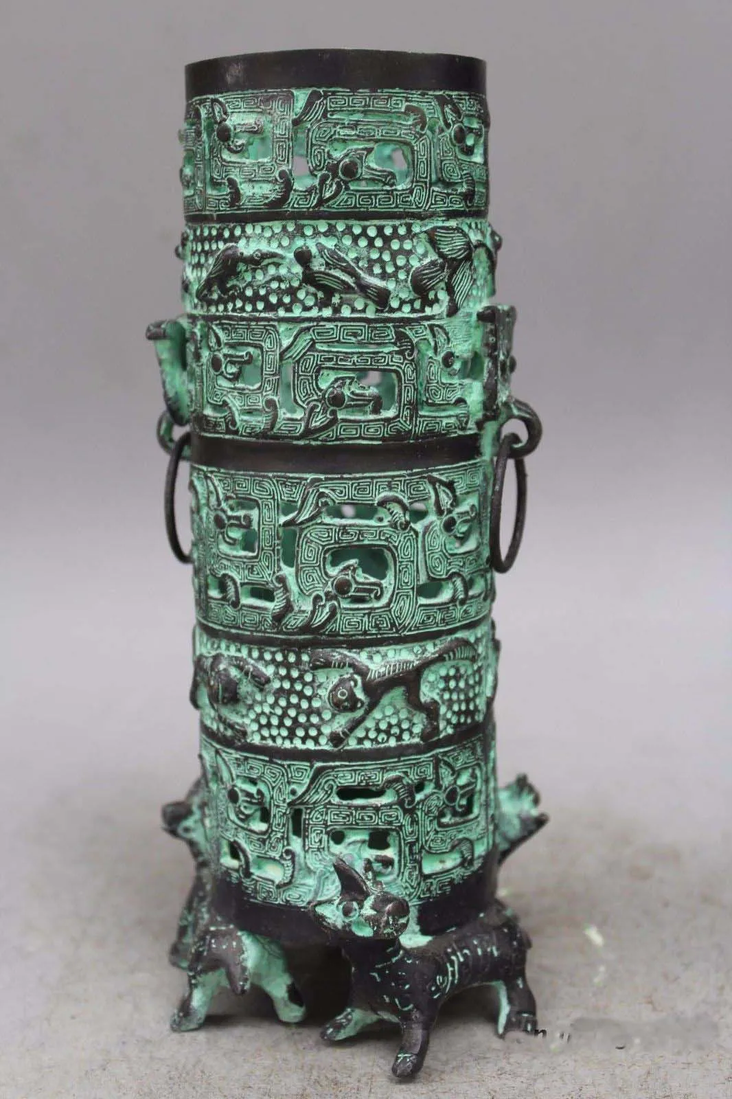 

9" Chinese Bronze Ware Ancient Dragon Phoenix Sheep Beast Incense Burner Censer