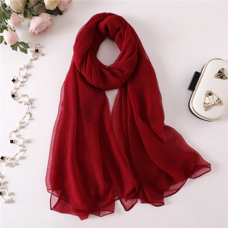 Летний женский шарф, модный Одноцветный шелковый шарф большого размера для леди, Пашмина бандана, зимние шали и палантины, хиджаб, палантины - Цвет: wine red