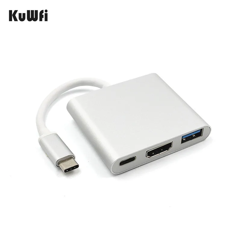 KuWFi USB концентратор type C USB 3,1 к USB-C 4 к HDMI USB3.0 адаптер 3 в 1 концентратор для Apple Macbook type-C к HDMI кардридер